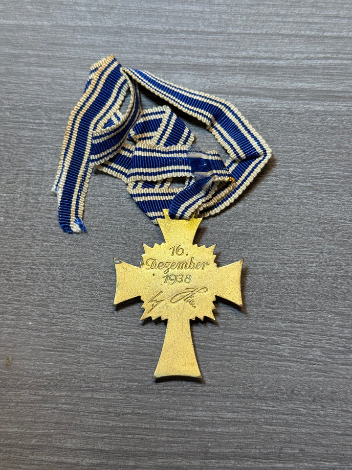Original WWII German Gold Mother’s Cross – Ehrenkreuz der Deutschen Mutter – With Ribbon