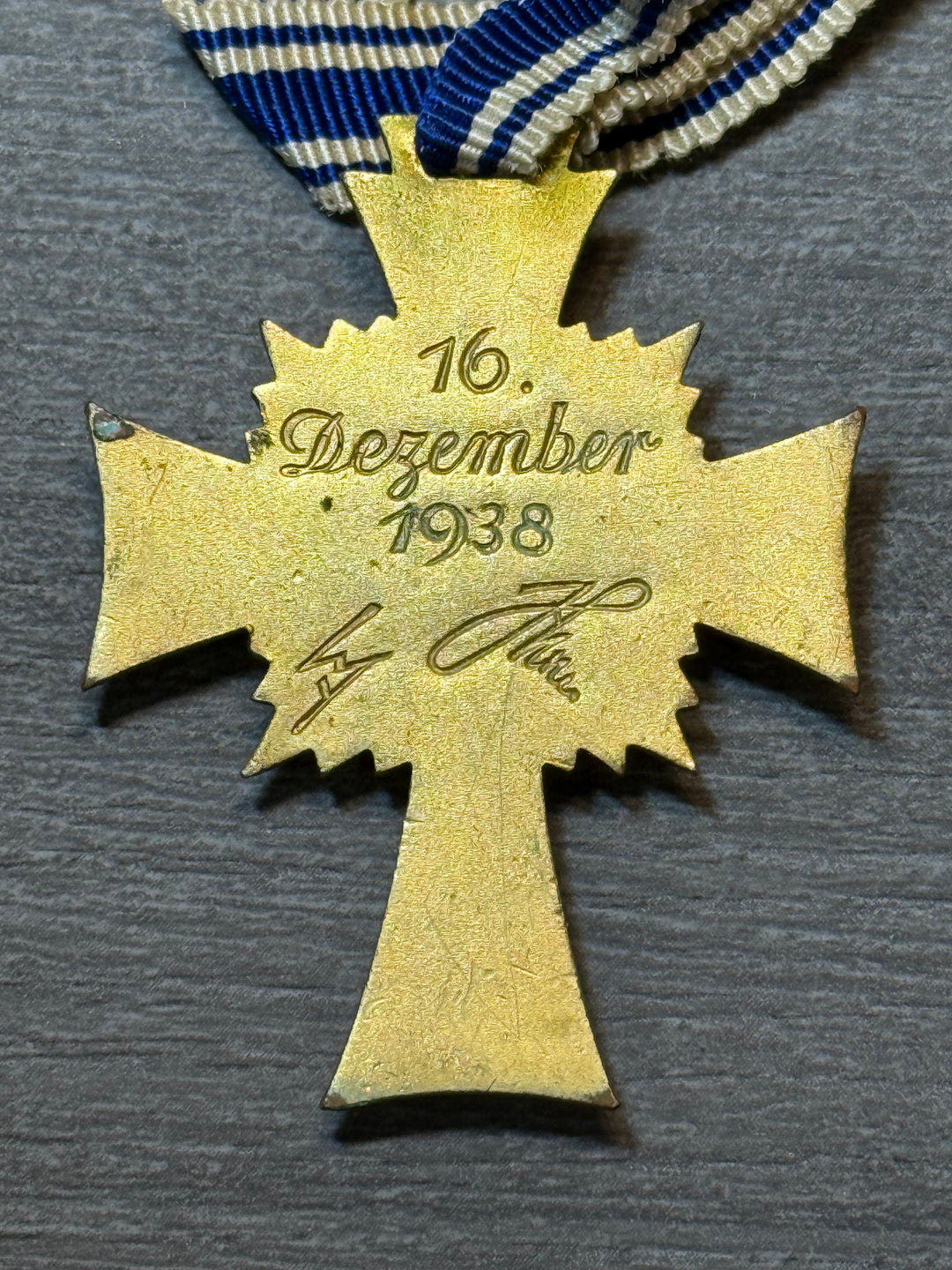 Original WWII German Gold Mother’s Cross – Ehrenkreuz der Deutschen Mutter – With Ribbon