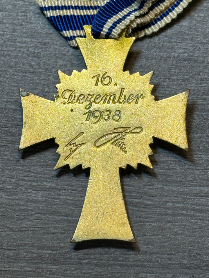 Original WWII German Gold Mother’s Cross – Ehrenkreuz der Deutschen Mutter – With Ribbon